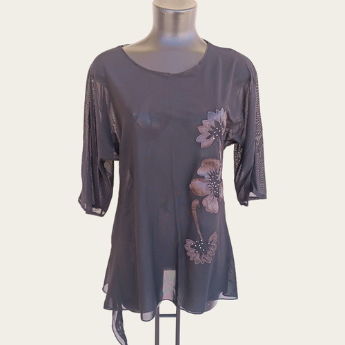 Black transparent blouse with black flower design and strass used, size L