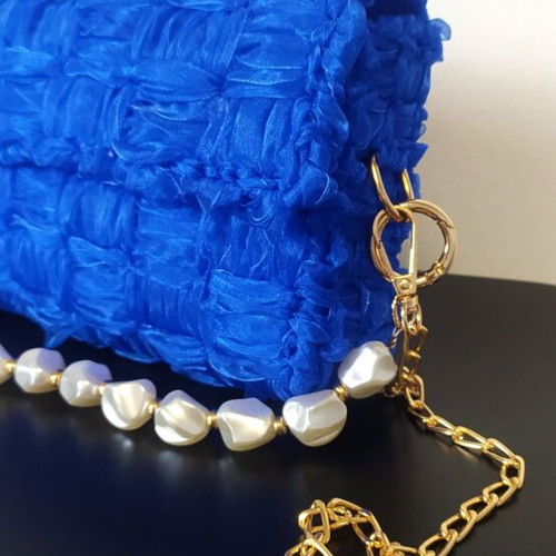Organza Shoulder Bag new, royal blue with pearl handle and gold chain