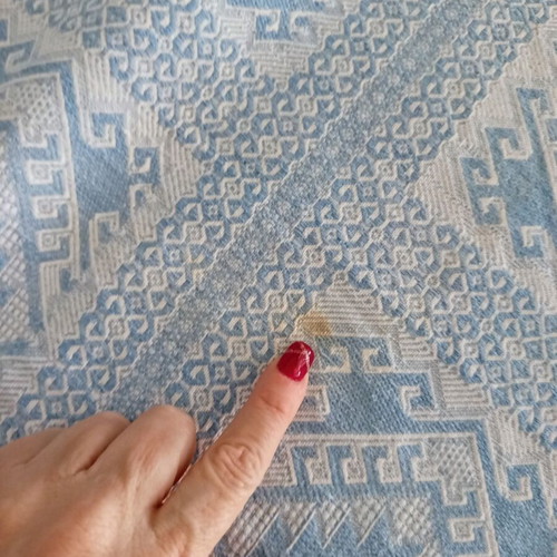 Woven Jacquard Tablecloth used, blue with geometric vintage cotton design