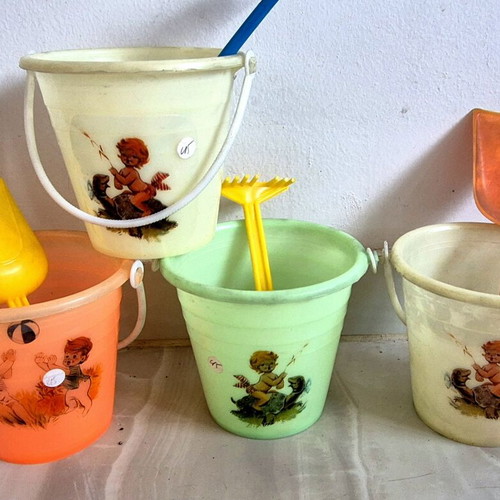 Greek vintage buckets used, 1970s, with shovels