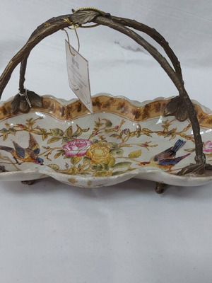 Vintage fondantier basket new, crackled porcelain with bronze feet