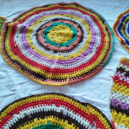 Crocheted table linens used, set of 6 colorful pieces