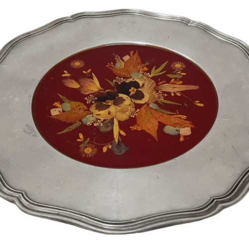 Decorative Pewter Plate with Real Dried Flowers under Resin, 30.5 cm, 1960s
