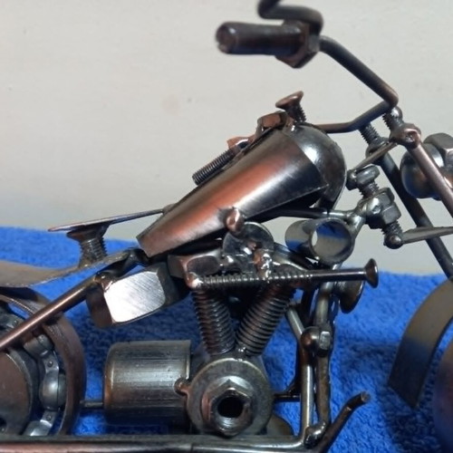 Handmade miniature metal motorcycle sculpture used, vintage chopper style
