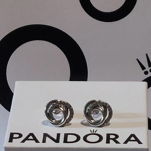 Pandora earrings new with three intertwined circles and cubic zirconia