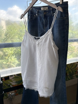 Zara Set Shirt and Jeans like new, size Medium, white and blue