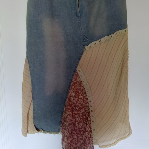 Vintage asymmetrical patchwork skirt used, M/L, beige and blue