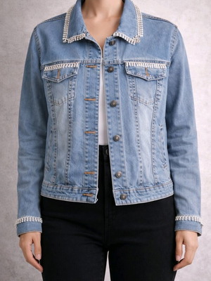 Τζιν μπουφάν με πέρλες σαν καινούργιο, μπλε, γυναικείο XL