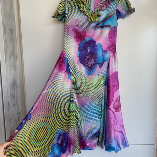 Vintage Y2K long satin dress like new, handmade, multicolor blue