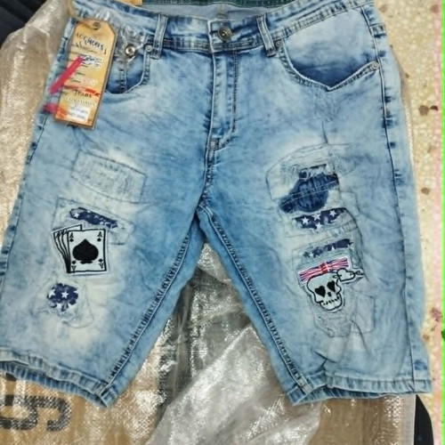 Denim Bermuda Shorts with Playing Cards and Skull Prints, New