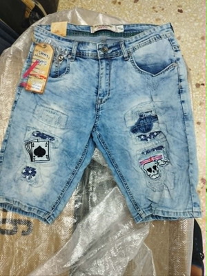 Denim Bermuda Shorts with Playing Cards and Skull Prints, New