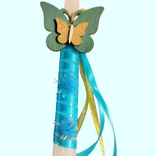 Easter candle handmade with wooden butterfly decoration and bag