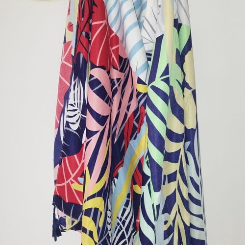 Cotton airy scarf shawl with colorful monstera print and tassels, new