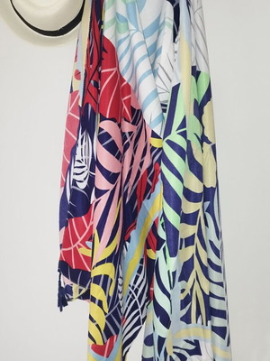 Cotton airy scarf shawl with colorful monstera print and tassels, new