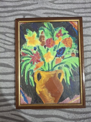 Vintage painting with colorful bouquet in wooden frame used