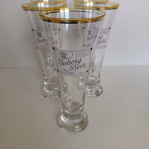 Tuborg Beer set of 5 tall glasses used, 18.5 cm height