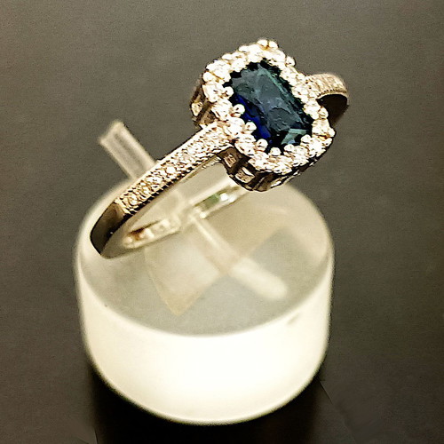 Silver Rosette Ring with Blue Zircon 6x4mm – Adjustable, New