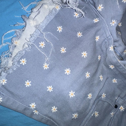 Tezenis mini shorts turquoise denim with white daisies, size 36