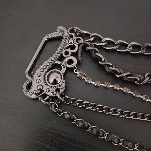Belt Buckle Accessory used, black with rhinestones, chains and cord