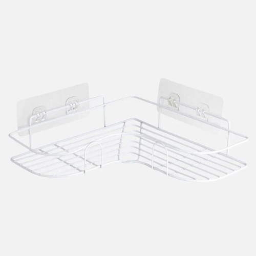 White metal corner bathroom shelf with adhesive hooks 26x26x6 cm