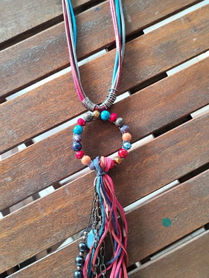 Boho Handmade Long Necklace with Colorful Cords, Beads & Tassel like new