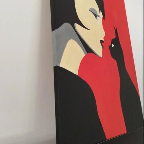 Painting Woman and Cat Acrylic Canvas New 90x70 cm