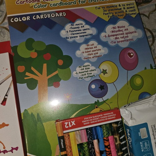 Art supplies like new with tempera, watercolors, plaster, brushes, and color papers