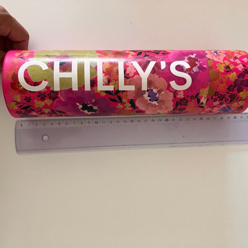 Empty cylinder box like new, floral fuchsia design