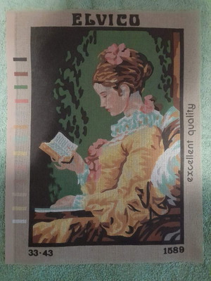 Elvico embroidery canvas Girl reading like new 33x43 cm