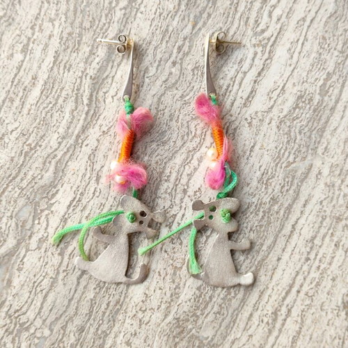 Silver earrings mouse, like new, multicolor