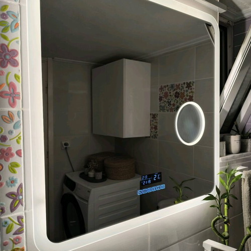 Smart bathroom mirror with LED lighting and Bluetooth