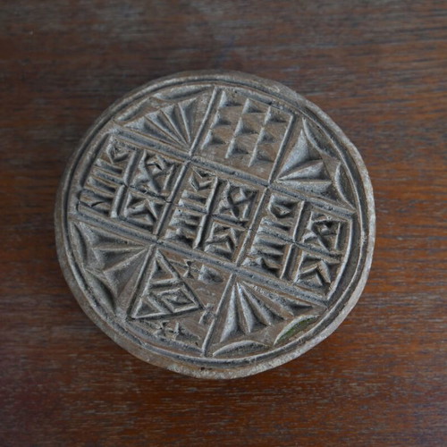 Traditional wooden prosphoro stamp used, diameter 12 cm