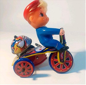 Vintage Tin Litho Wind Up Toy Happy Days Boy On Tin Tricycle MTU Korea