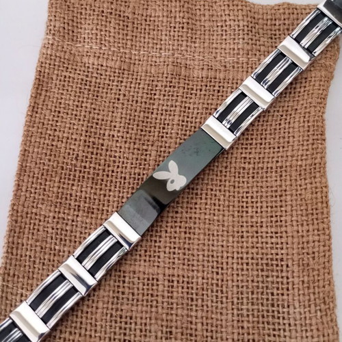 Men's stainless steel bracelet and matching ring with bunny logo