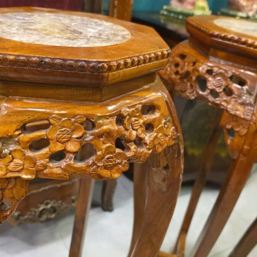 Pair of Antique Plant Stands with Carved Wood and Marble Like New