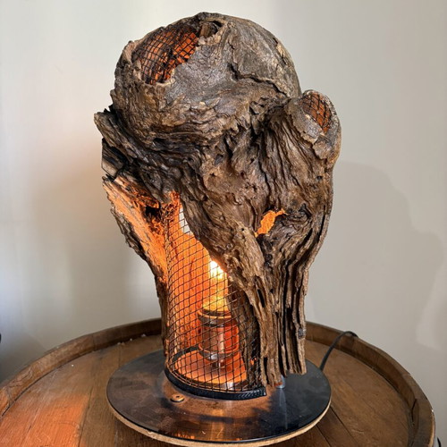 Handmade table lamp from natural wood with vinyl base & dimmer