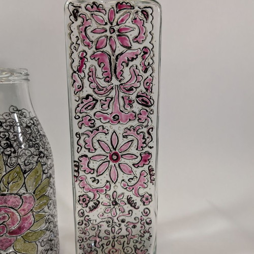 Decorative enamel-painted bottles vases used, set of 4 pieces