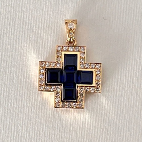 Gold cross k18 like new with diamonds and sapphires