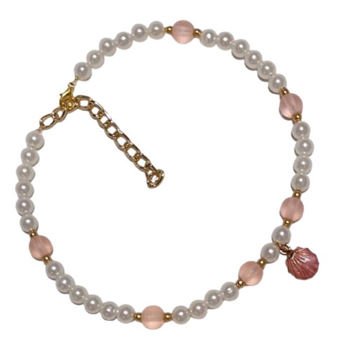 Necklace with pearls, matte glass beads and metal shell new