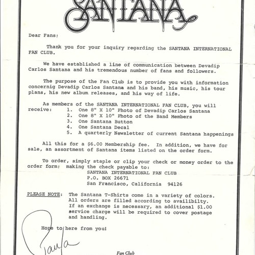 Επιστολή Santana μεταχειρισμένη, απαντητική του Carlos Santana