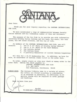 Επιστολή Santana μεταχειρισμένη, απαντητική του Carlos Santana