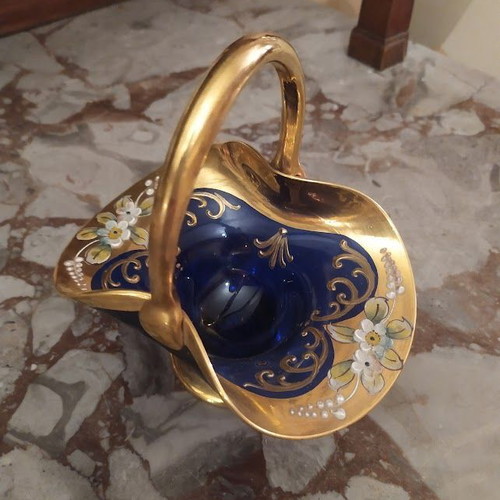 Murano crystal basket with handle, vintage