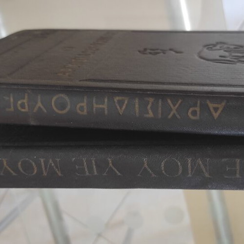 Two leather-bound classic novels, Greek
