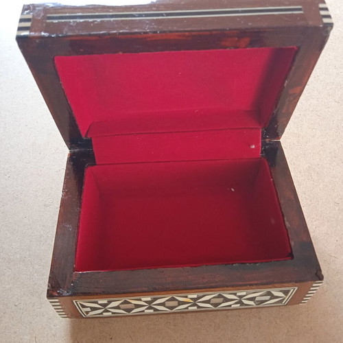 Wooden box with geometric decoration and velvet lining, like new