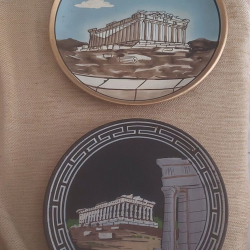 Ceramic plates with Acropolis Parthenon theme set like new, handmade