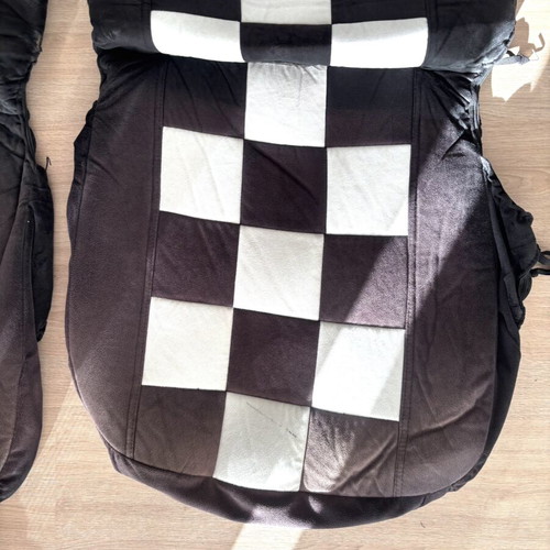 Mini Cooper front seat covers used, black and white checkered with Union Jack