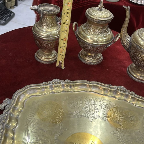 Vintage tea set used, oriental style with embossed teapot and tray