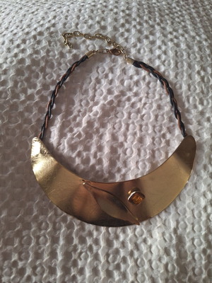 Necklace with Olive Leaf and Leather Cord new, brown and gold