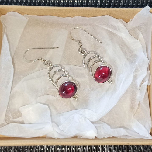 Silver Small Dangle Earrings with Garnet New