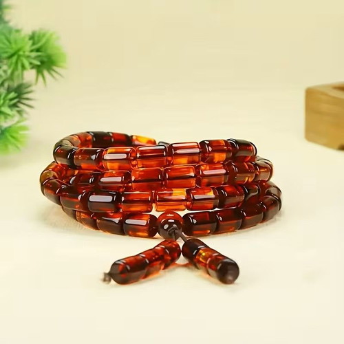 Mala necklace and bracelet unisex, natural amber and bloodstone, 80 cm